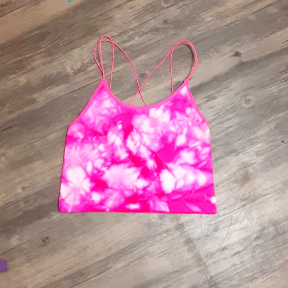 Hot pink tie die spaghetti strap crop top